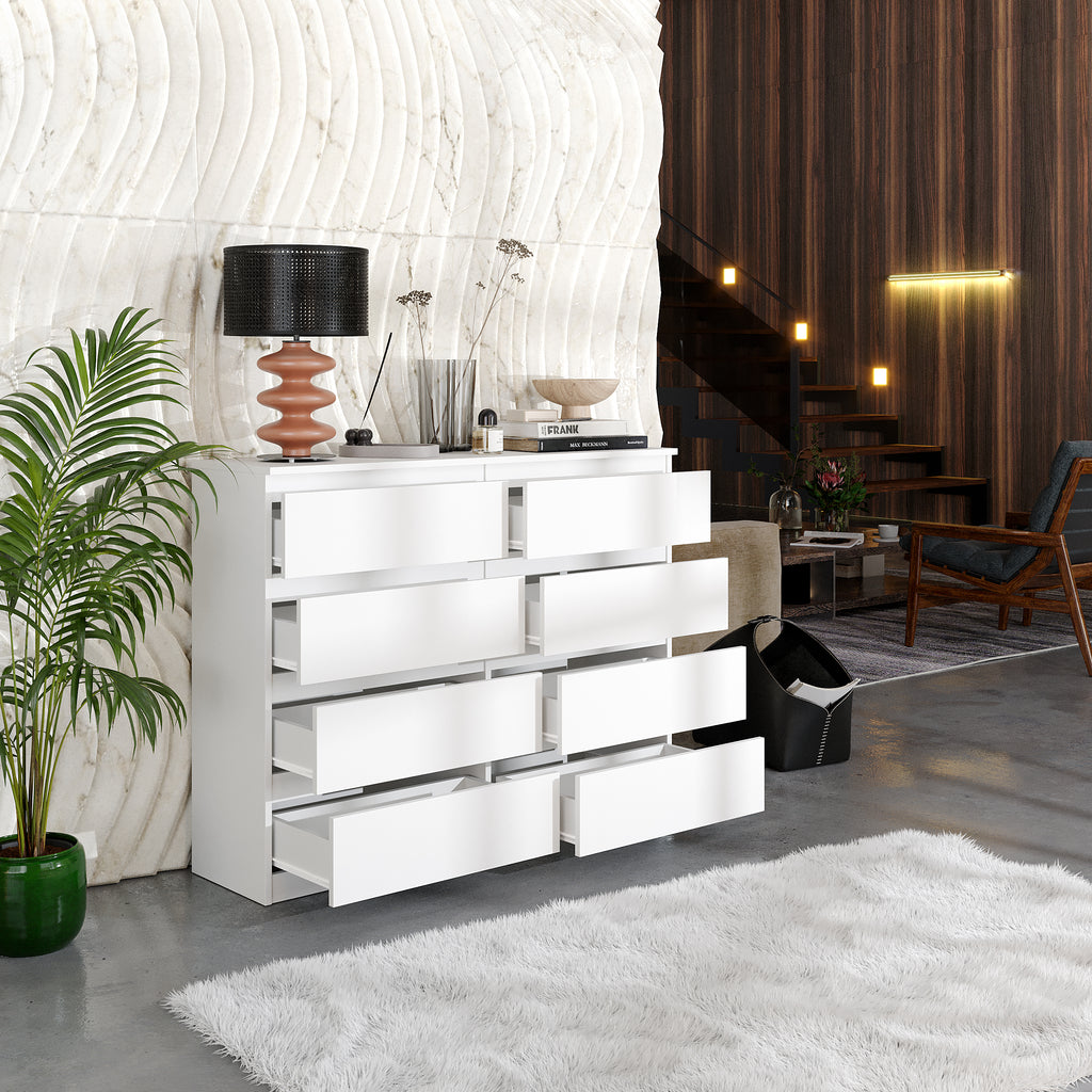 GABRIEL - Chest of 8 Drawers - Bedroom Dresser Storage Cabinet Sideboard - White Matt H92cm W120cm D33cm