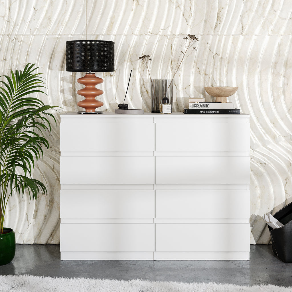 GABRIEL - Chest of 8 Drawers - Bedroom Dresser Storage Cabinet Sideboard - White Matt H92cm W120cm D33cm