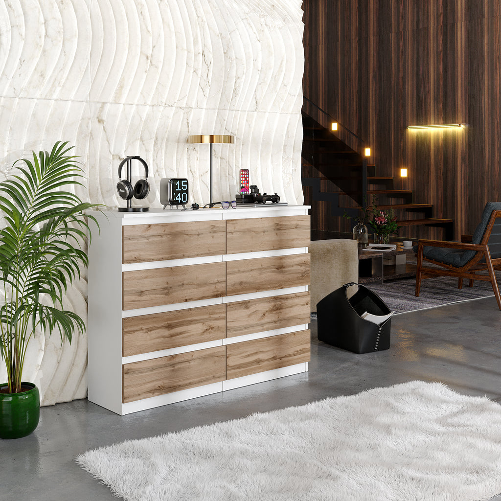 GABRIEL - Chest of 8 Drawers - Bedroom Dresser Storage Cabinet Sideboard - White Matt / Wotan Oak H92cm W120cm D33cm