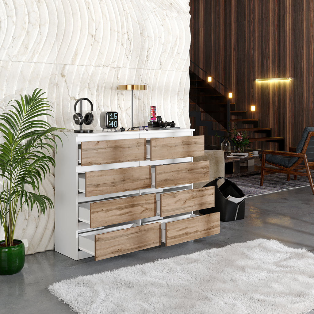 GABRIEL - Chest of 8 Drawers - Bedroom Dresser Storage Cabinet Sideboard - White Matt / Wotan Oak H92cm W120cm D33cm