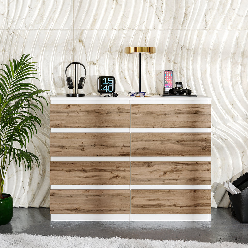GABRIEL - Chest of 8 Drawers - Bedroom Dresser Storage Cabinet Sideboard - White Matt / Wotan Oak H92cm W120cm D33cm