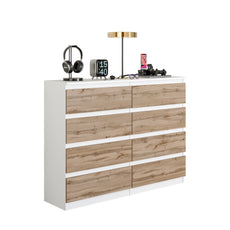 GABRIEL - Chest of 8 Drawers - Bedroom Dresser Storage Cabinet Sideboard - White Matt / Wotan Oak H92cm W120cm D33cm