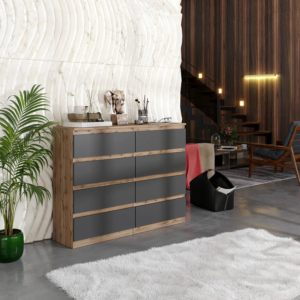 GABRIEL - Chest of 8 Drawers - Bedroom Dresser Storage Cabinet Sideboard - Wotan Oak / Anthracite H92cm W120cm D33cm