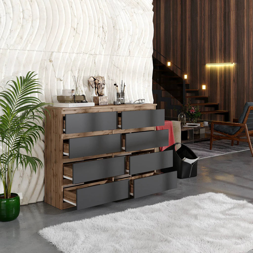 GABRIEL - Chest of 8 Drawers - Bedroom Dresser Storage Cabinet Sideboard - Wotan Oak / Anthracite H92cm W120cm D33cm