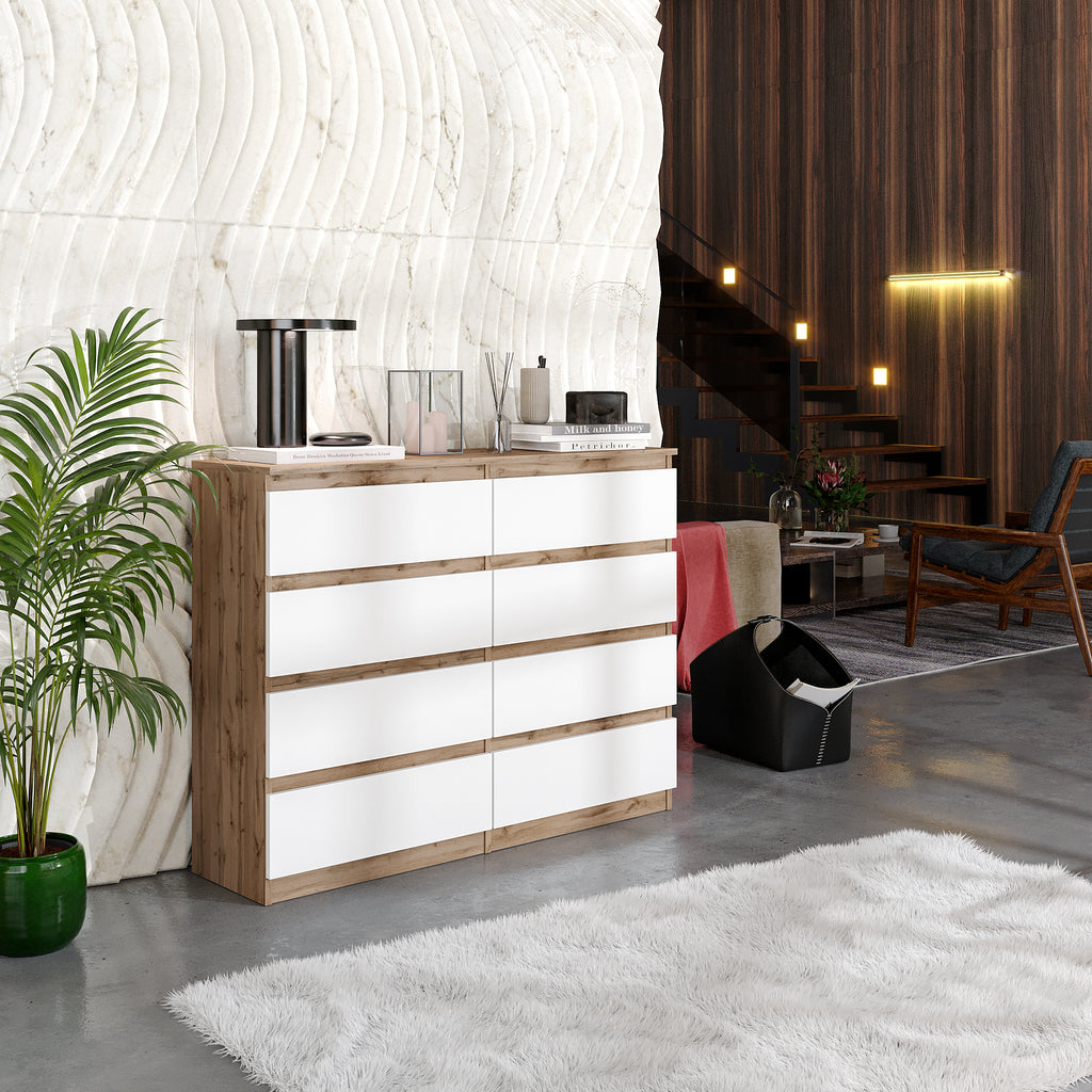 GABRIEL - Chest of 8 Drawers - Bedroom Dresser Storage Cabinet Sideboard - Wotan Oak / White Matt H92cm W120cm D33cm