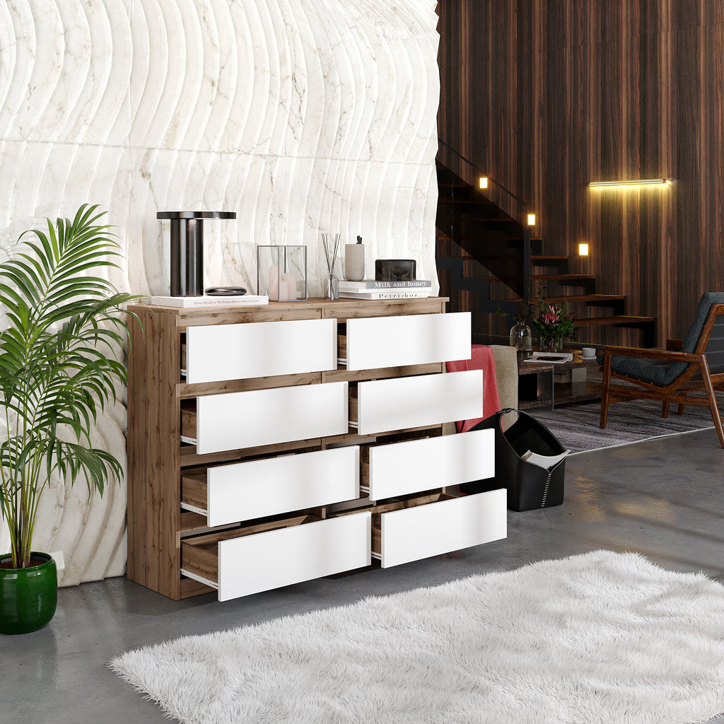 GABRIEL - Chest of 8 Drawers - Bedroom Dresser Storage Cabinet Sideboard - Wotan Oak / White Matt H92cm W120cm D33cm