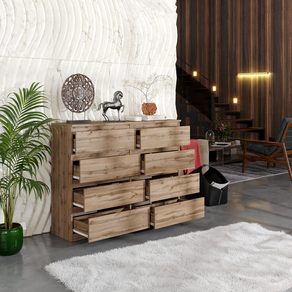 GABRIEL - Chest of 8 Drawers - Bedroom Dresser Storage Cabinet Sideboard - Wotan Oak H92cm W120cm D33cm
