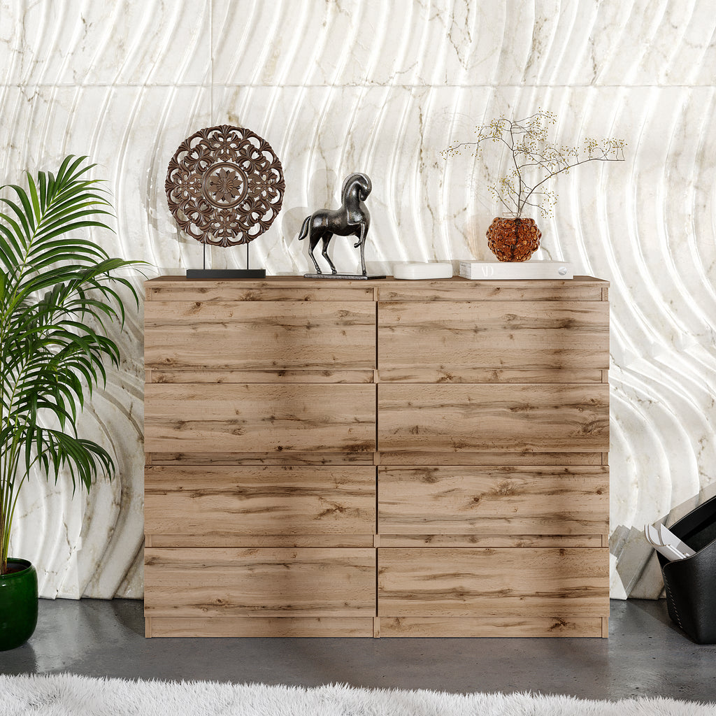 GABRIEL - Chest of 8 Drawers - Bedroom Dresser Storage Cabinet Sideboard - Wotan Oak H92cm W120cm D33cm