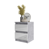 GABRIEL - Bedside Table - Nightstand with 2 drawers - Concrete / White Gloss H40cm W30cm D30cm