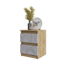 GABRIEL - Bedside Table - Nightstand with 2 drawers - Wotan Oak / Concrete H40cm W30cm D30cm