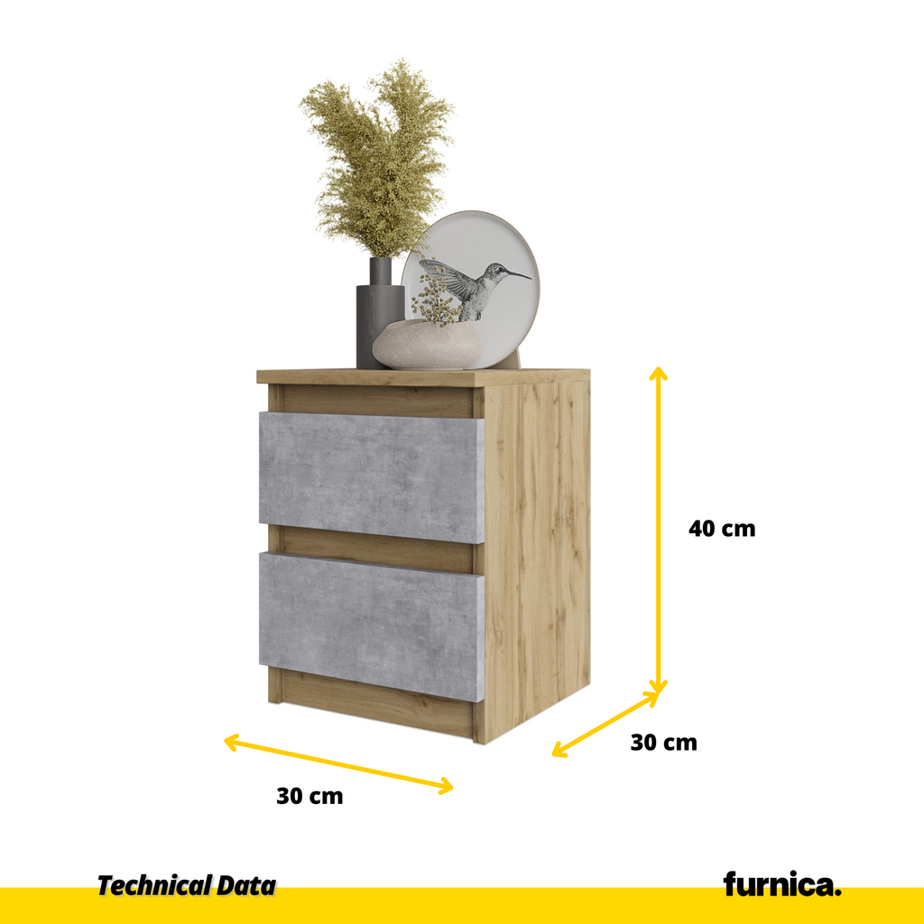 GABRIEL - Bedside Table - Nightstand with 2 drawers - Wotan Oak / Concrete H40cm W30cm D30cm