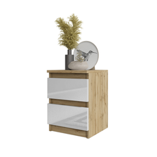 GABRIEL - Bedside Table - Nightstand with 2 drawers - Wotan Oak / White Gloss H40cm W30cm D30cm