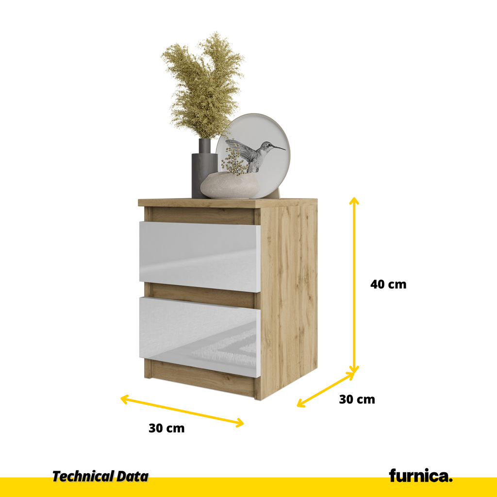 GABRIEL - Bedside Table - Nightstand with 2 drawers - Wotan Oak / White Gloss H40cm W30cm D30cm