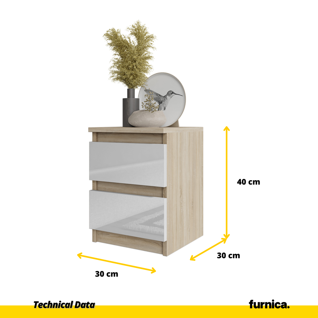 GABRIEL - Bedside Table - Nightstand with 2 drawers - Sonoma Oak / White Gloss H40cm W30cm D30cm