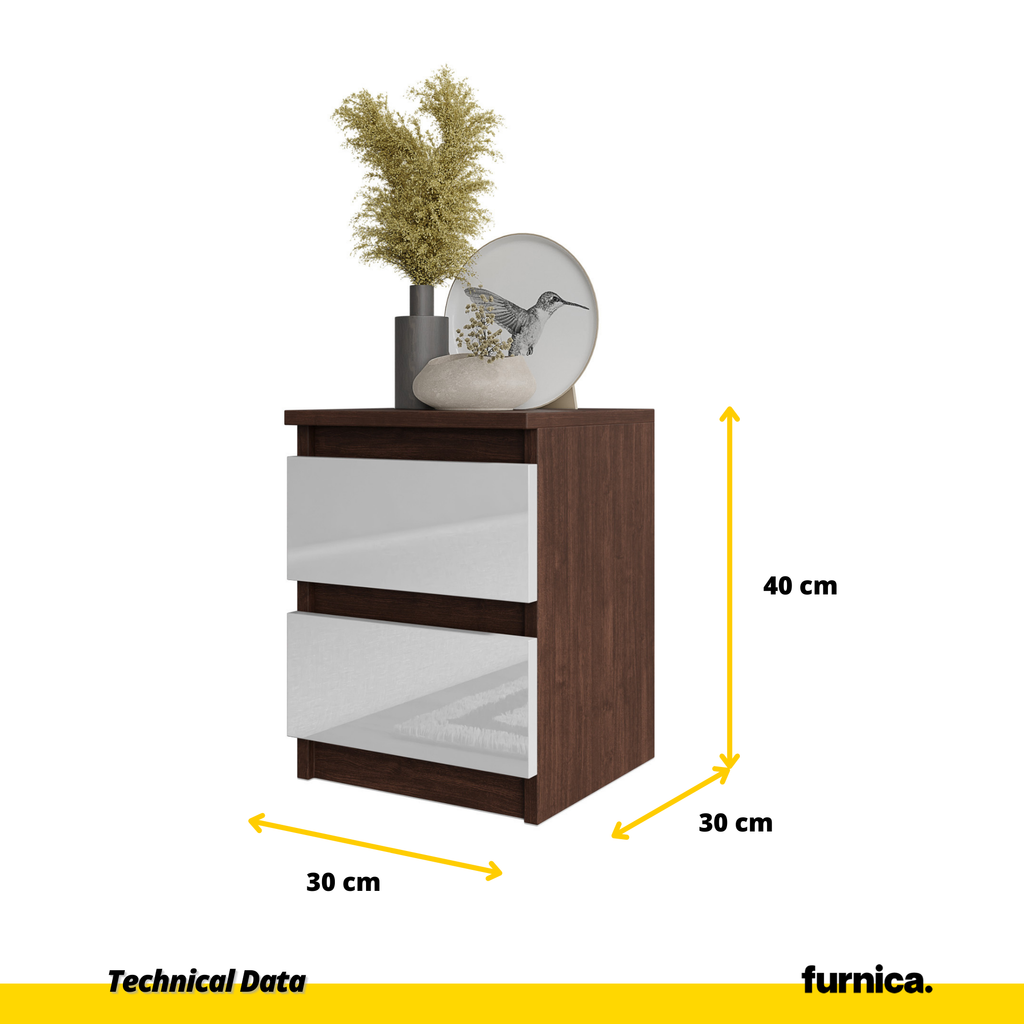 GABRIEL - Bedside Table - Nightstand with 2 drawers - Wenge / White Gloss H40cm W30cm D30cm