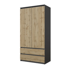 JOELLE - 2 Door Wardrobe With 2 Drawers - Anthracite / Wotan Oak H180cm W90cm D50cm