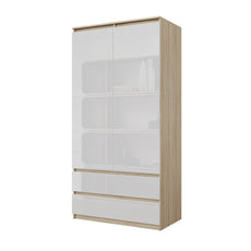 JOELLE - 2 Door Wardrobe With 2 Drawers - Sonoma Oak / White Gloss H180cm W90cm D50cm