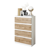 GABRIEL - Chest of 4 Drawers - Bedroom Dresser Storage Cabinet Sideboard - White Matt / Wotan Oak H92cm W60cm D33cm
