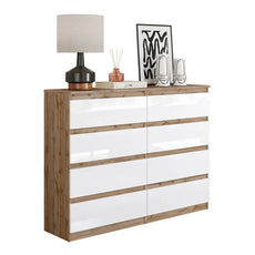 GABRIEL - Chest of 8 Drawers - Bedroom Dresser Storage Cabinet Sideboard - Wotan Oak / White Gloss H92cm W120cm D33cm