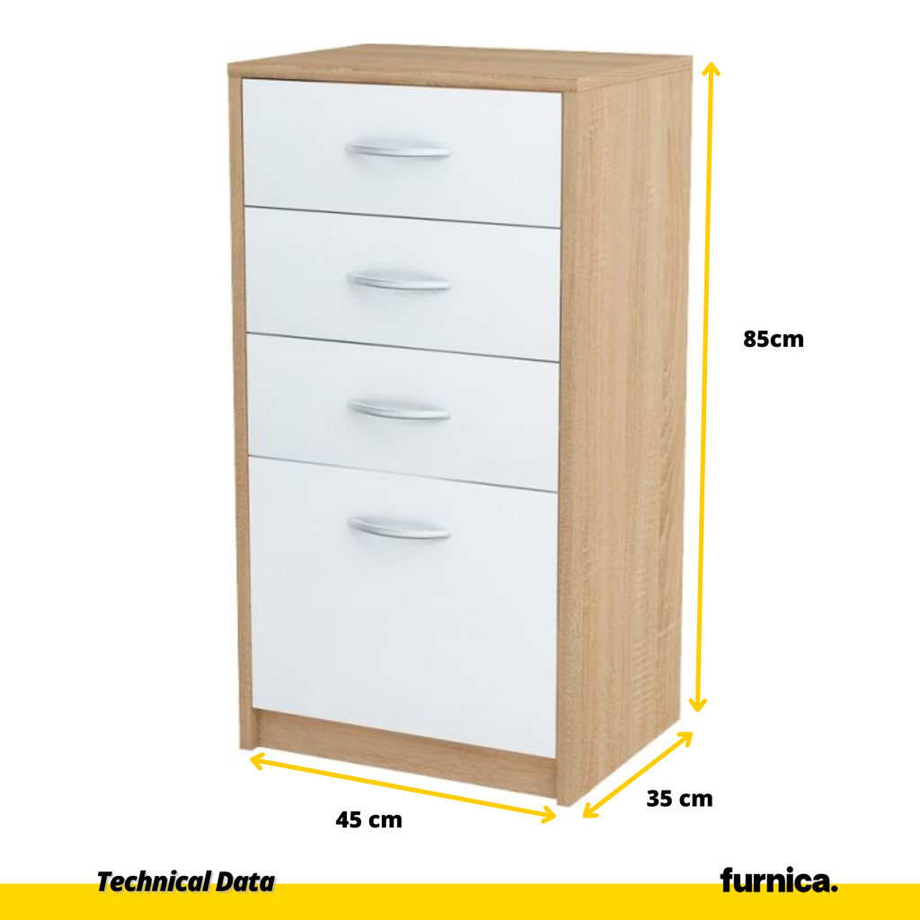 JULIA - Chest of 4 Drawers - Bedroom Dresser Storage Cabinet Sideboard - Sonoma Oak / White Matt H85cm W45cm D35cm