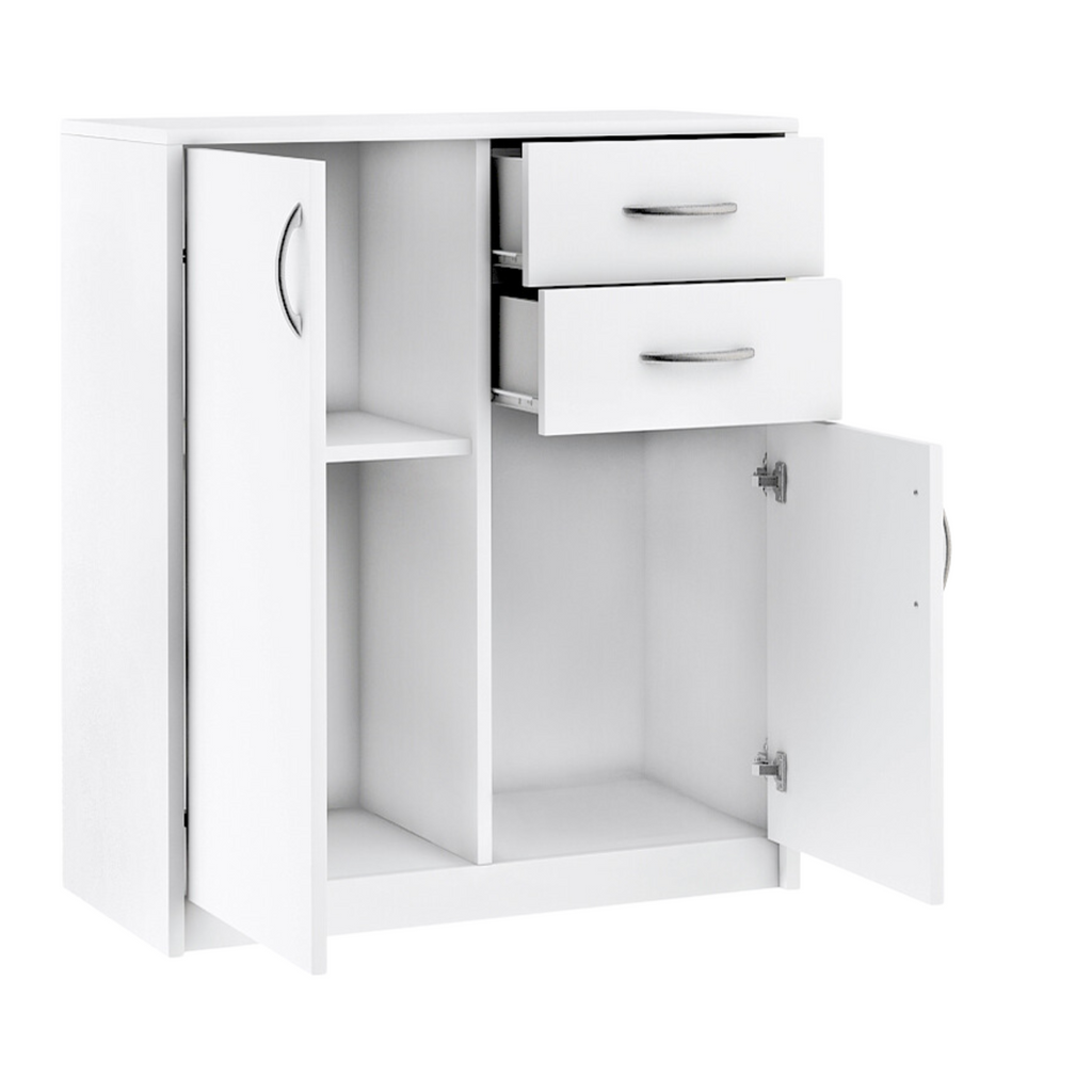 JULIA - Chest of 2 Drawers and 2 Doors - Bedroom Dresser Storage Cabinet Sideboard - White Matt H85cm W74cm D35cm