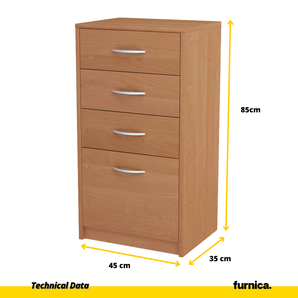 JULIA - Chest of 4 Drawers - Bedroom Dresser Storage Cabinet Sideboard - Alder H85cm W45cm D35cm
