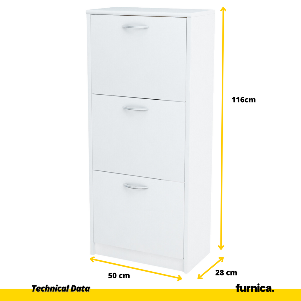 JULIA - Shoe Cabinet - 3 Tier Storage - White Matt H116cm W50cm D28cm