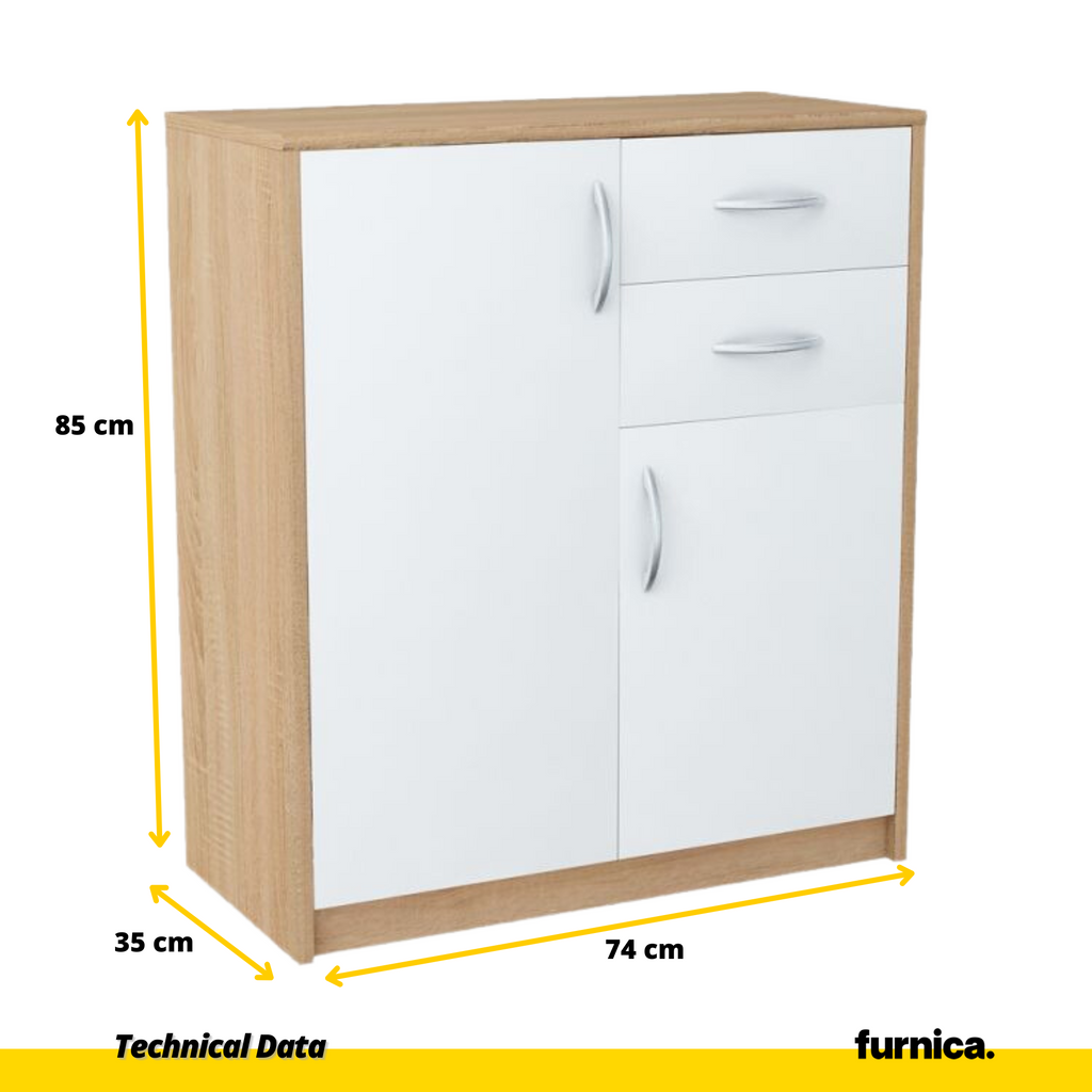 JULIA - Chest of 2 Drawers and 2 Doors - Bedroom Dresser Storage Cabinet Sideboard - Sonoma Oak / White Matt H85cm W74cm D35cm