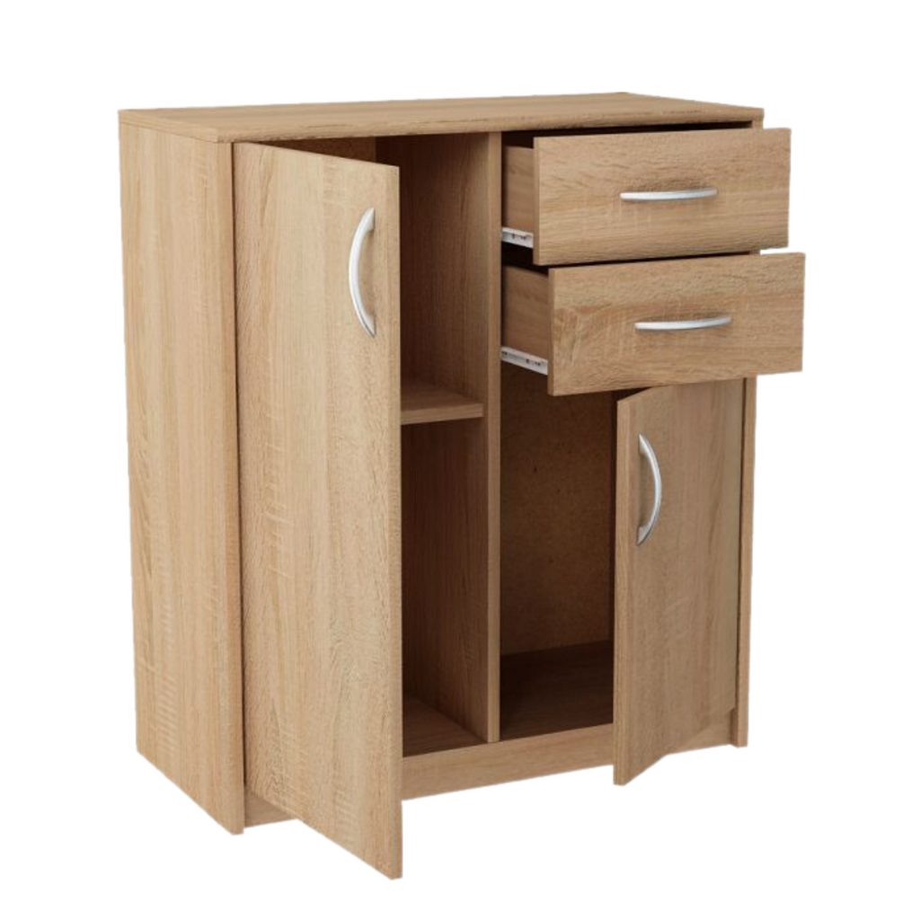 JULIA - Chest of 2 Drawers and 2 Doors - Bedroom Dresser Storage Cabinet Sideboard - Sonoma Oak H85cm W74cm D35cm