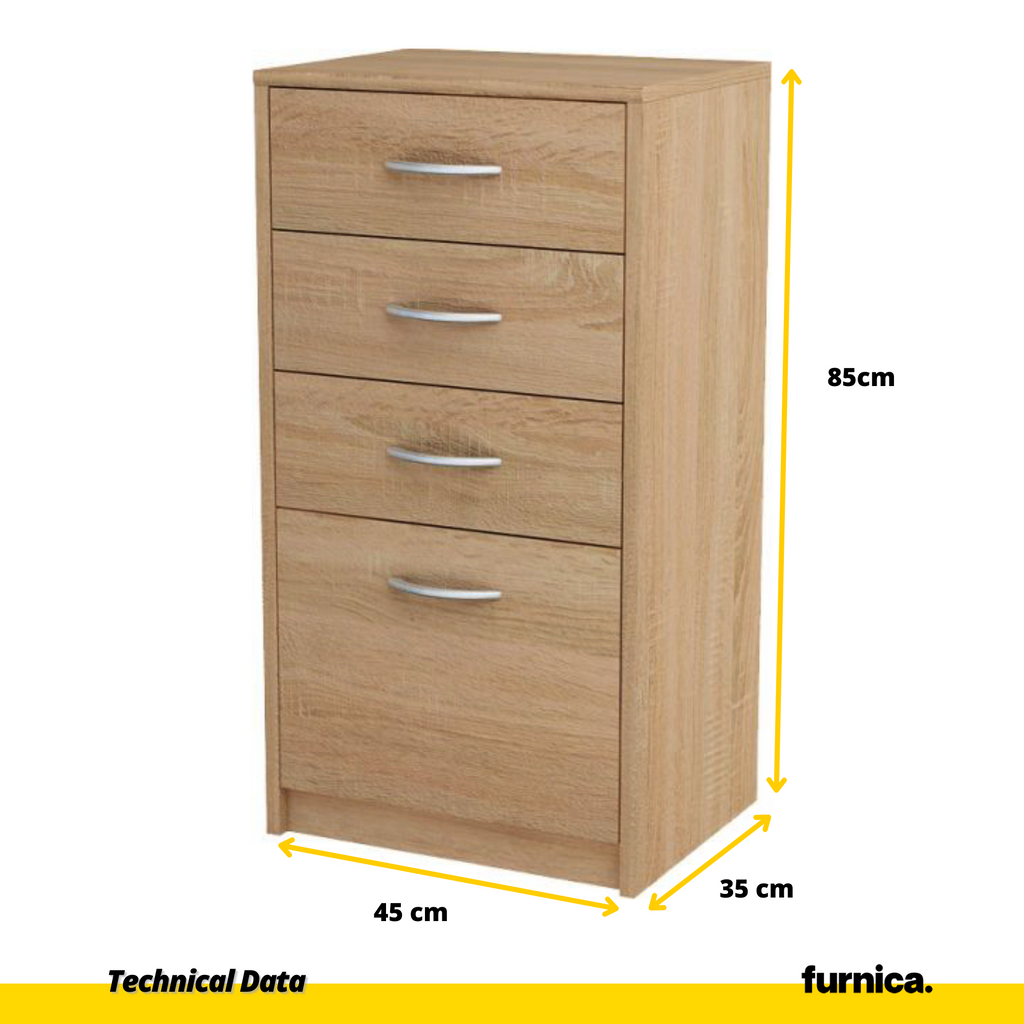 JULIA - Chest of 4 Drawers - Bedroom Dresser Storage Cabinet Sideboard - Sonoma Oak H85cm W45cm D35cm