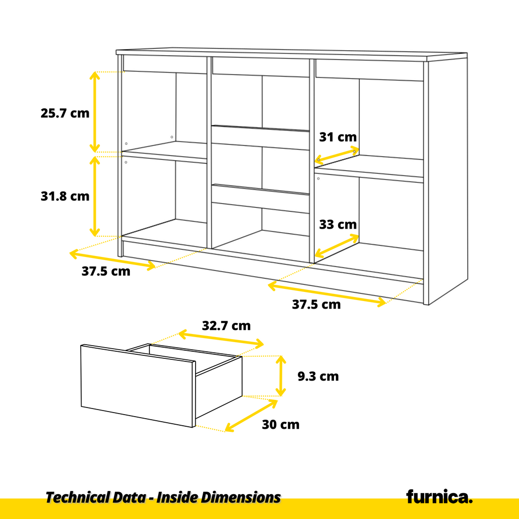 MIKEL - Chest of 3 Drawers and 2 Doors - Bedroom Dresser Storage Cabinet Sideboard - Wotan Oak / White Matt H75cm W120cm D35cm