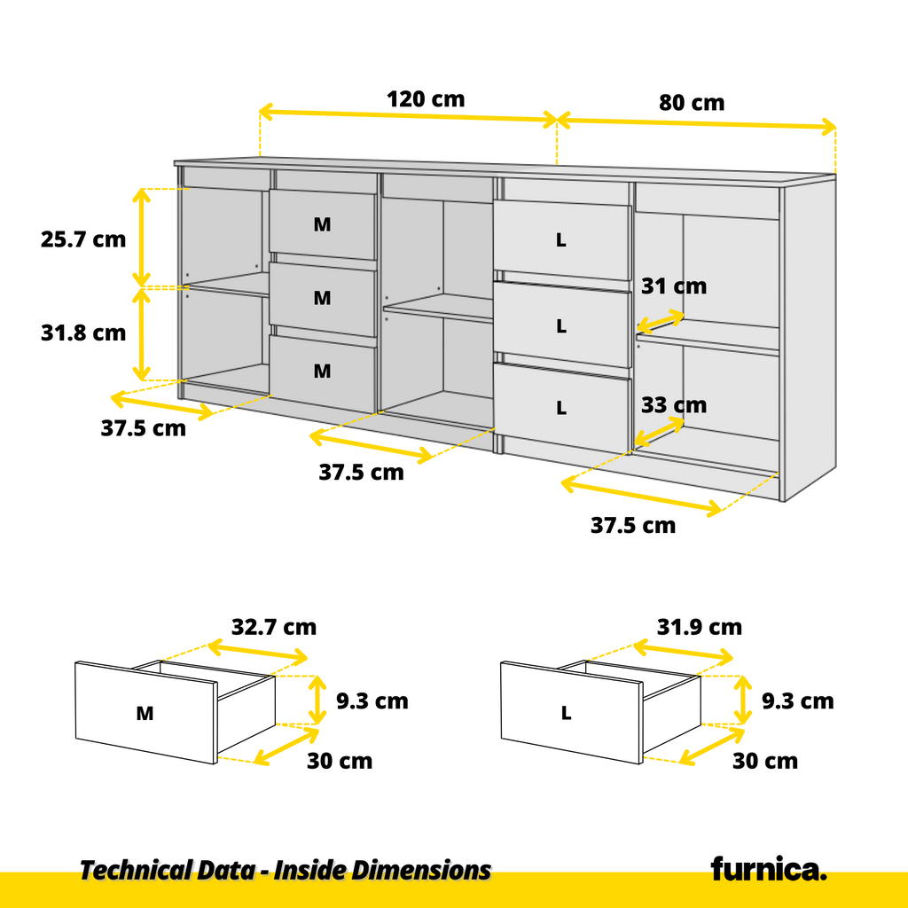 MIKEL - Chest of 6 Drawers and 3 Doors - Bedroom Dresser Storage Cabinet Sideboard - Sonoma Oak / White Matt  H75cm W200cm D35cm