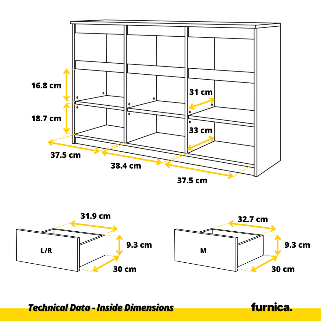 NOAH - Chest of 3 Drawers and 3 Doors - Bedroom Dresser Storage Cabinet Sideboard - Anthracite / Concrete H75cm W120cm D35cm