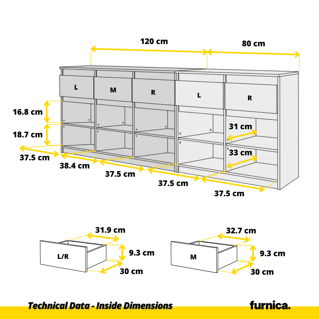 NOAH - Chest of 5 Drawers and 5 Doors - Bedroom Dresser Storage Cabinet Sideboard - Sonoma Oak / Anthracite  H75cm W200cm D35cm