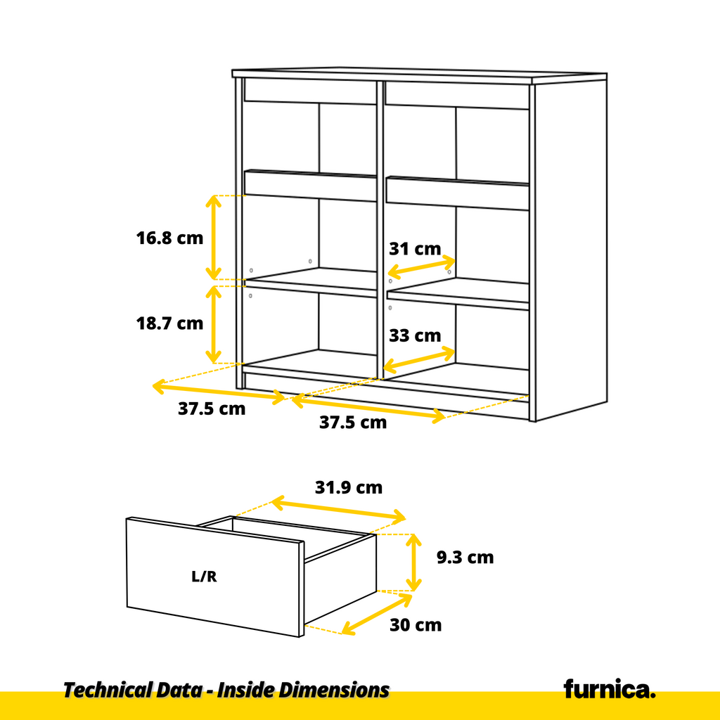 NOAH - Chest of 2 Drawers and 2 Doors - Bedroom Dresser Storage Cabinet Sideboard - Anthracite / White Matt H75cm W80cm D35cm