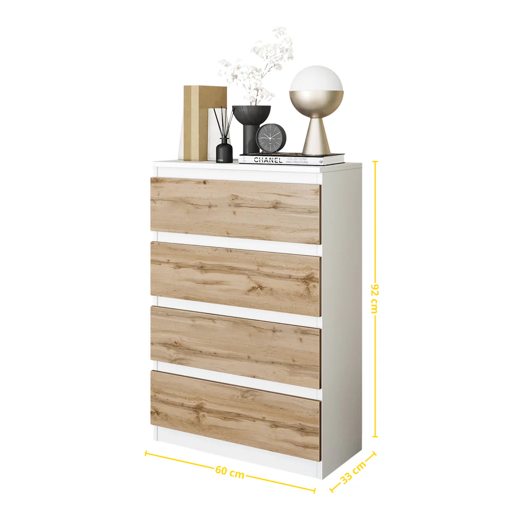 GABRIEL - Chest of 4 Drawers - Bedroom Dresser Storage Cabinet Sideboard - White Matt / Wotan Oak H92cm W60cm D33cm