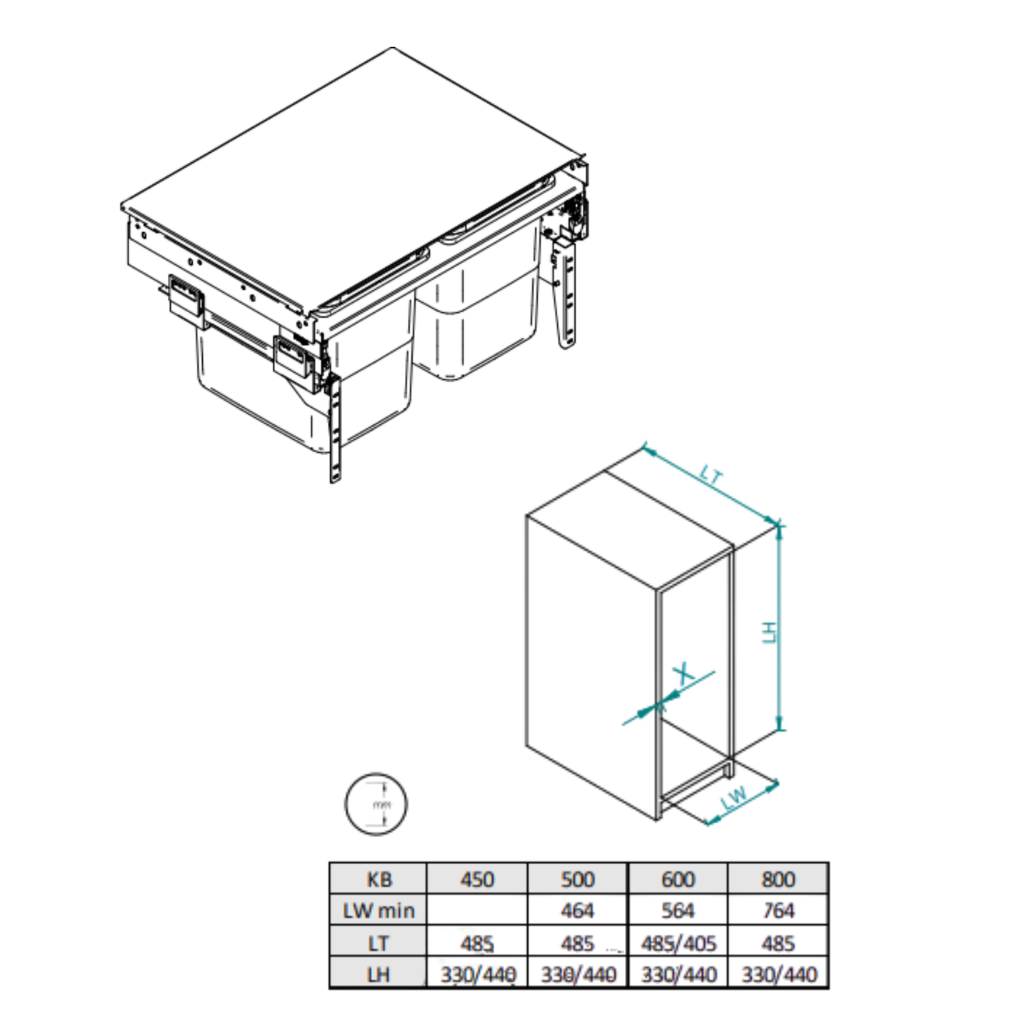Waste Separation Bin 2x15 l - 450 mm Cabinet - Anthracite Grey
