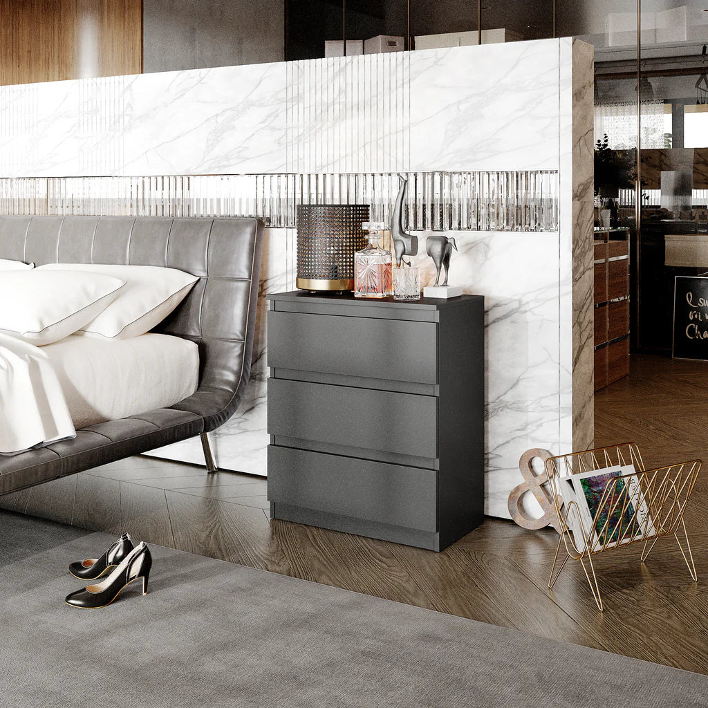GABRIEL – Bedside Table / Nightstand with 3 Drawers – Anthracite Grey – H72 cm W60 cm D33 cm