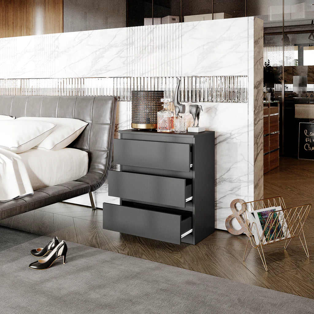 GABRIEL – Bedside Table / Nightstand with 3 Drawers – Anthracite Grey – H72 cm W60 cm D33 cm