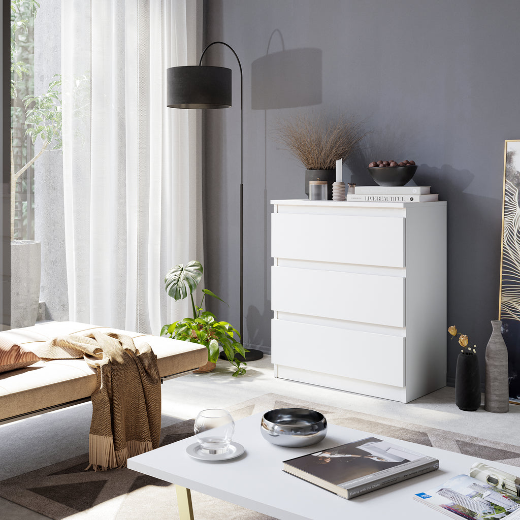 GABRIEL – Chest of Drawers / Sideboard with 3 Drawers – Matte White H72 cm W60 cm D33 cm