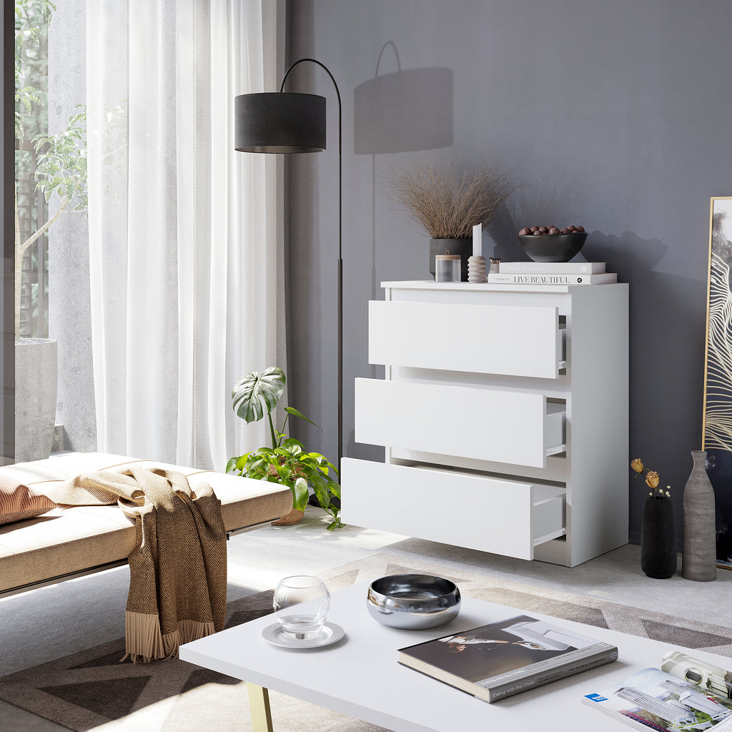 GABRIEL – Chest of Drawers / Sideboard with 3 Drawers – Matte White H72 cm W60 cm D33 cm
