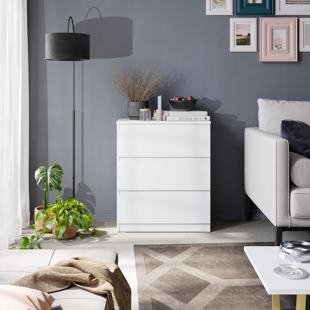 GABRIEL – Chest of Drawers / Sideboard with 3 Drawers – Matte White H72 cm W60 cm D33 cm
