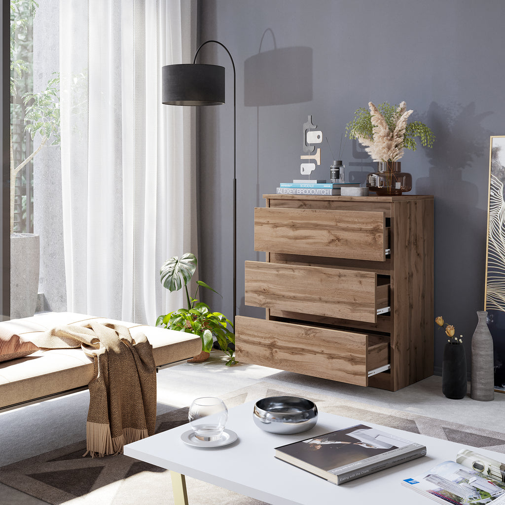 GABRIEL – Chest of Drawers / Sideboard with 3 Drawers – Wotan Oak H72 cm W60 cm D33 cm