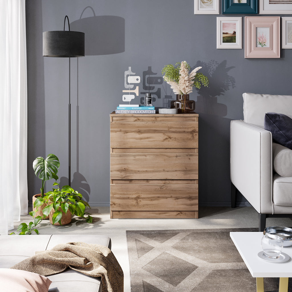 GABRIEL – Chest of Drawers / Sideboard with 3 Drawers – Wotan Oak H72 cm W60 cm D33 cm