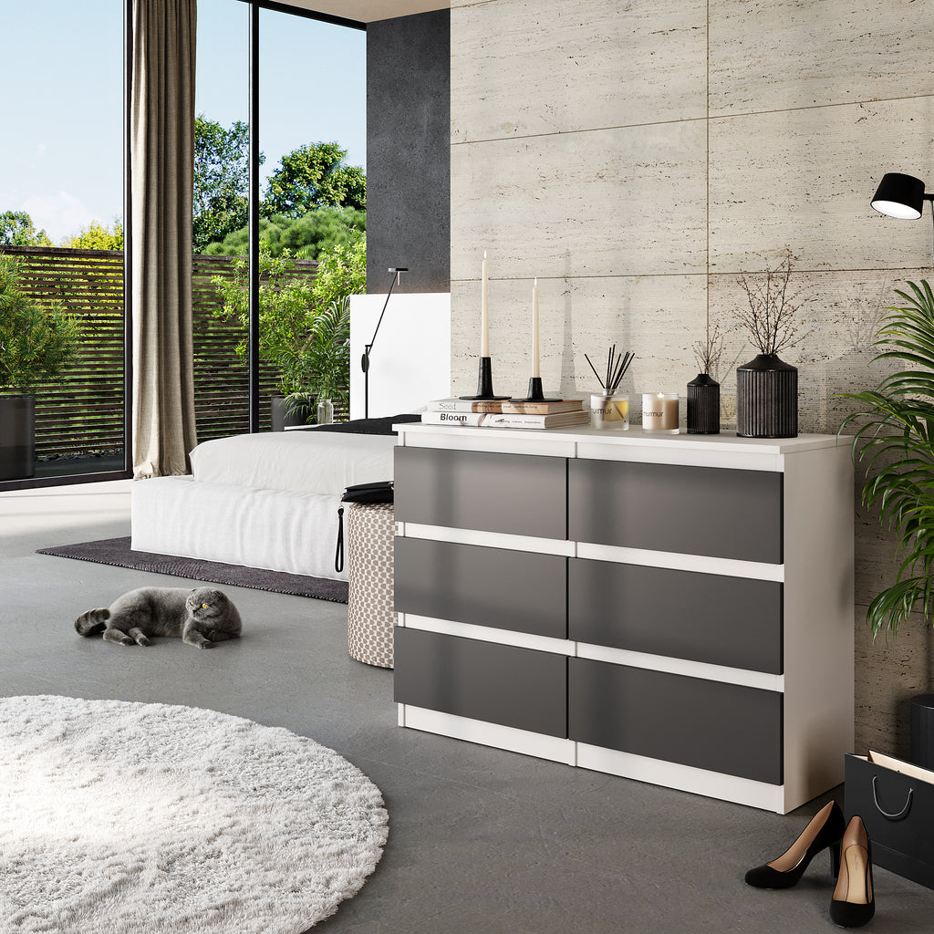 GABRIEL - Chest of 6 Drawers - Bedroom Dresser Storage Cabinet Sideboard - White Matt / Anthracite H71cm W100cm D33cm