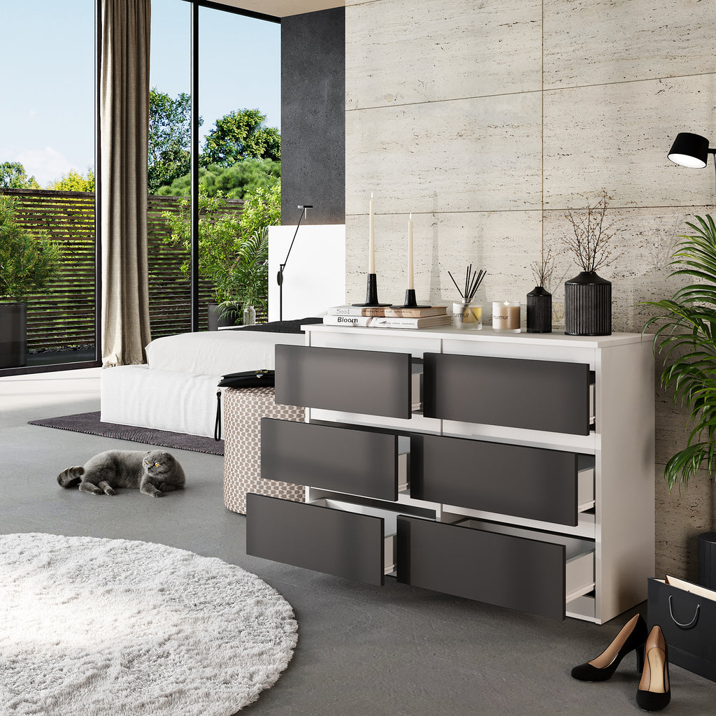 GABRIEL - Chest of 6 Drawers - Bedroom Dresser Storage Cabinet Sideboard - White Matt / Anthracite H71cm W100cm D33cm