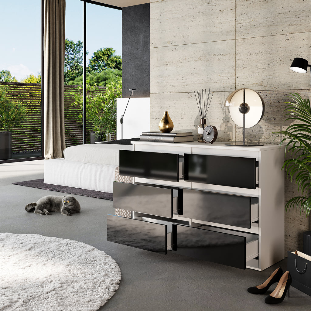 GABRIEL - Chest of 6 Drawers - Bedroom Dresser Storage Cabinet Sideboard - White Matt / Black Gloss H71cm W100cm D33cm