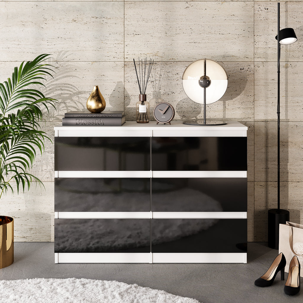 GABRIEL - Chest of 6 Drawers - Bedroom Dresser Storage Cabinet Sideboard - White Matt / Black Gloss H71cm W100cm D33cm