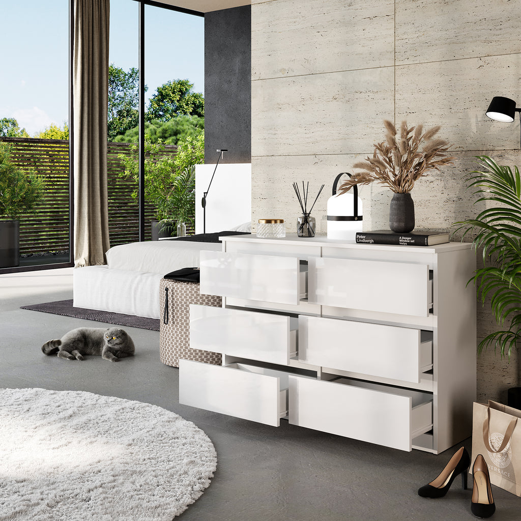 GABRIEL - Chest of 6 Drawers - Bedroom Dresser Storage Cabinet Sideboard - White Matt / White Gloss H71cm W100cm D33cm