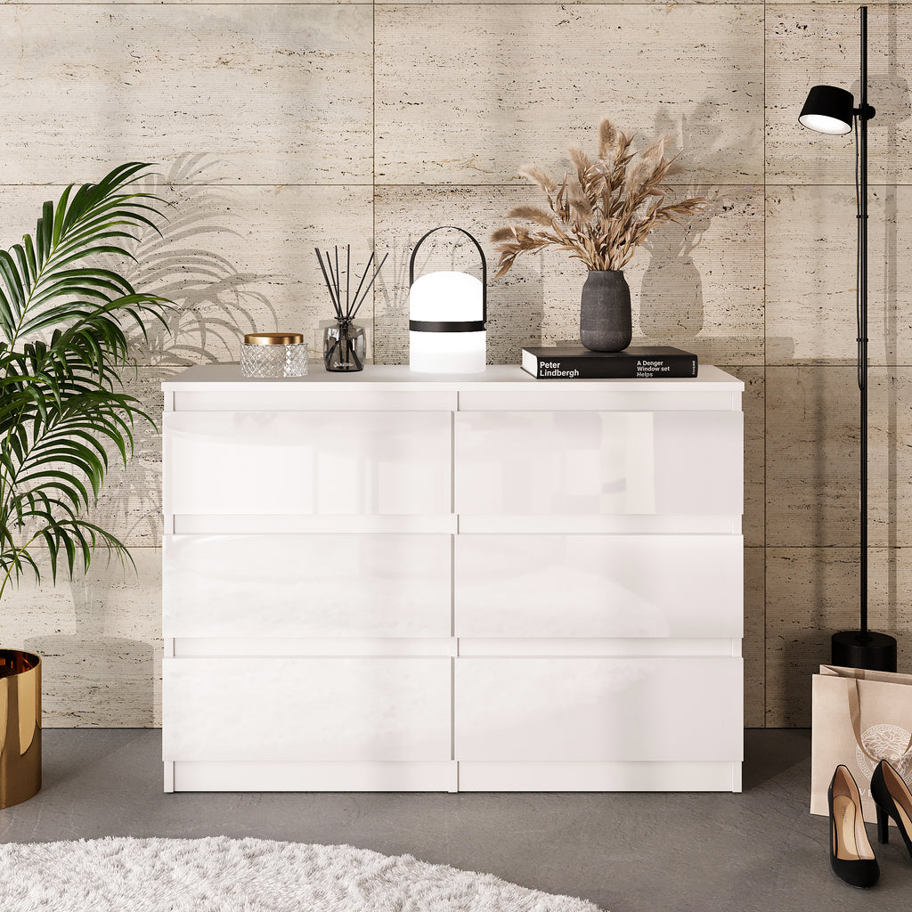 GABRIEL - Chest of 6 Drawers - Bedroom Dresser Storage Cabinet Sideboard - White Matt / White Gloss H71cm W100cm D33cm